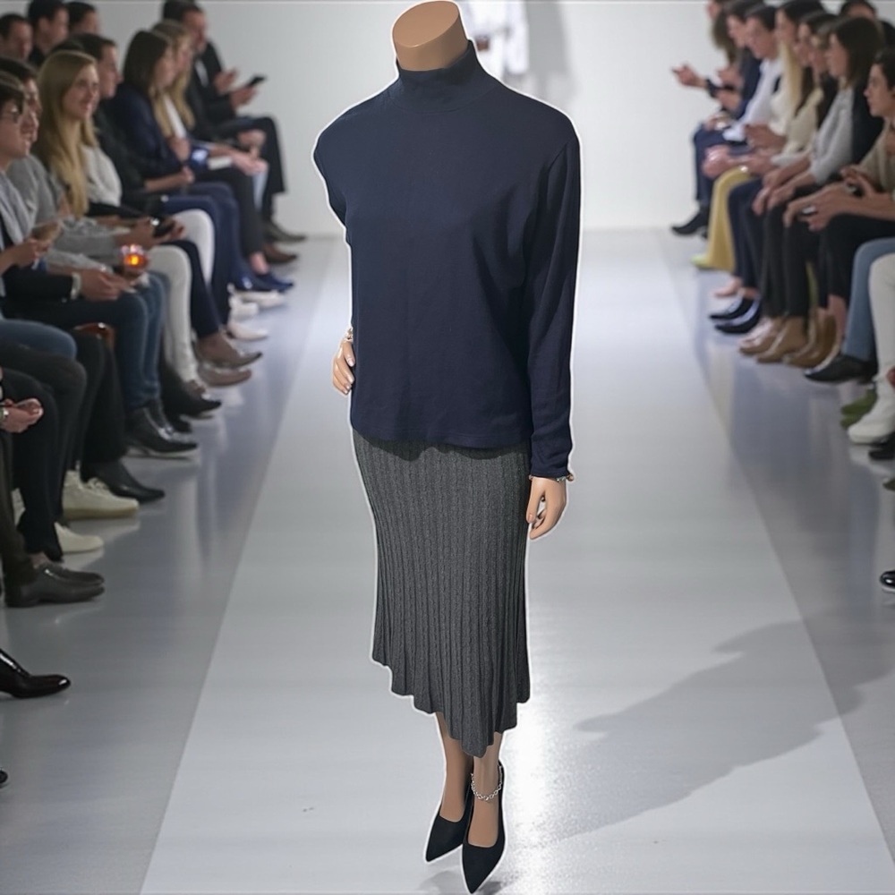 Navy Turtleneck Ellen Tracy Paired with a Ellen Tracy Gray Pleated Skirt c close - Picture 5 of 12